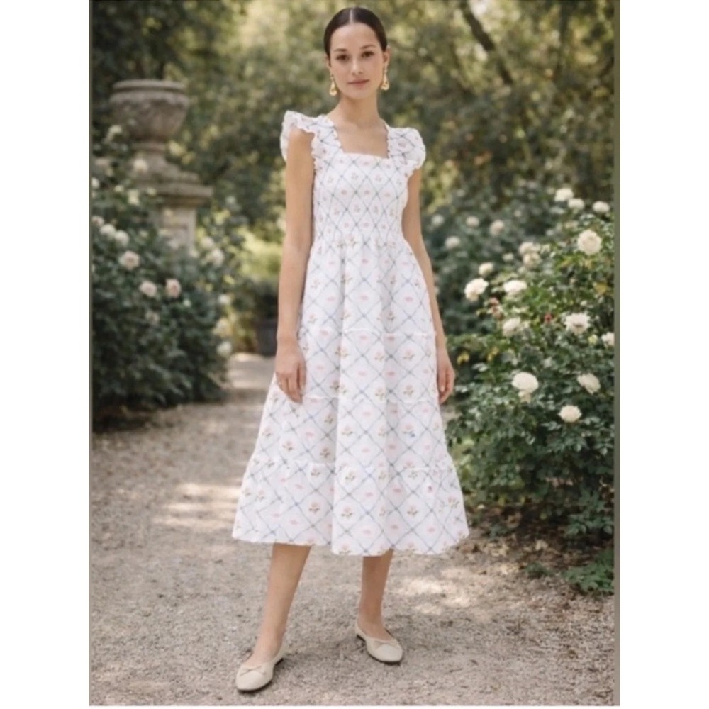 Hill House Women's Ellie Nap Dress White Trellis Smocked Ruff Midi Preppy Size M